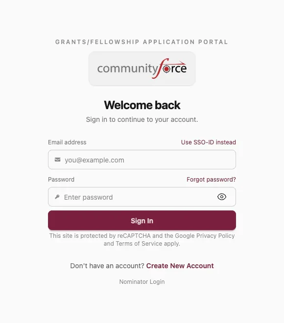 The CommunityForce sign-in screen, offering single sign-on alongside email and password