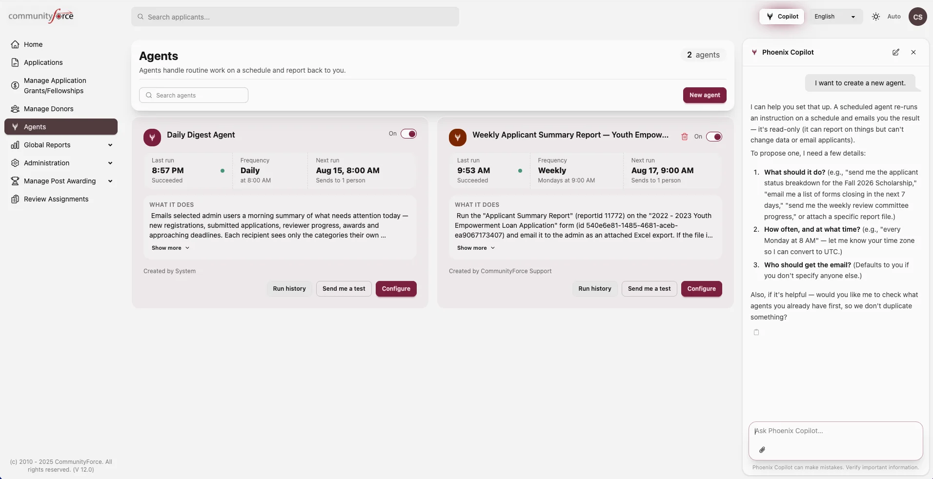 The Phoenix Agents screen: a Daily Digest Agent and a weekly Applicant Summary agent with on-off switches and run history, while Phoenix Copilot helps create a new agent from a typed sentence