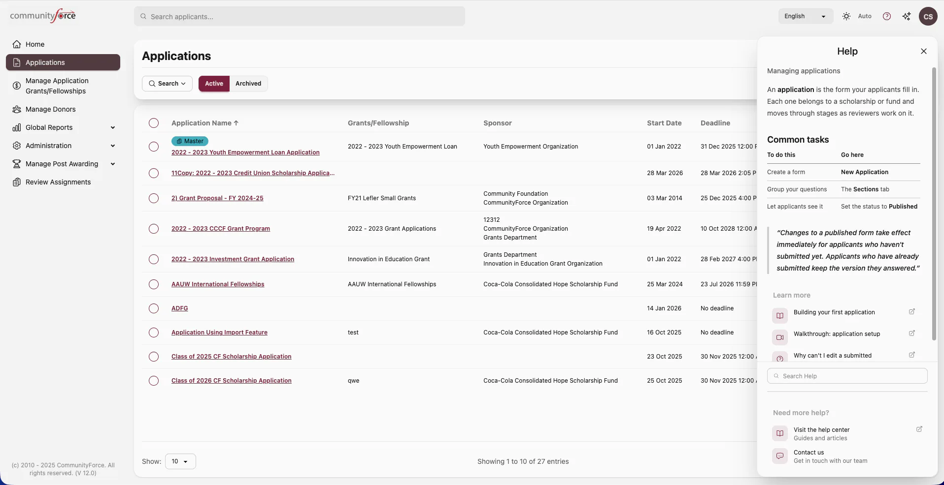 Contextual help open beside the applications screen, explaining the task at hand